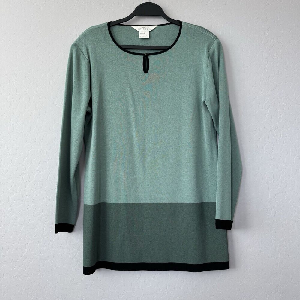 Exclusively Misook Large Teal Black Color Block Long Sleeve Tunic Top